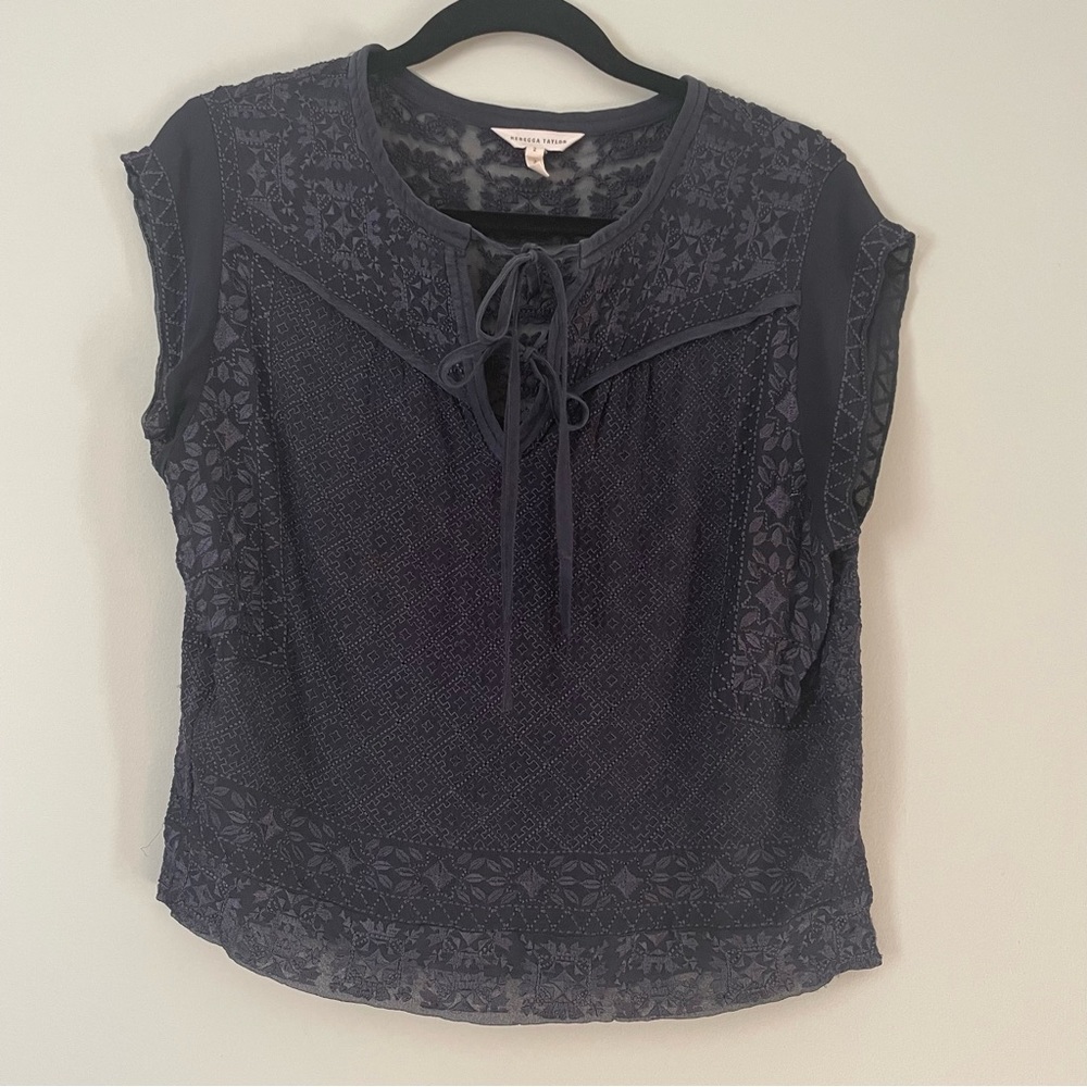 Rebecca Taylor blue silk embroidered cap sleeve blouse size 2
